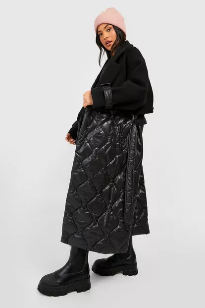 Petite Quilted Wool Look Padded Trench Coat | Boohoo.com (US & CA)