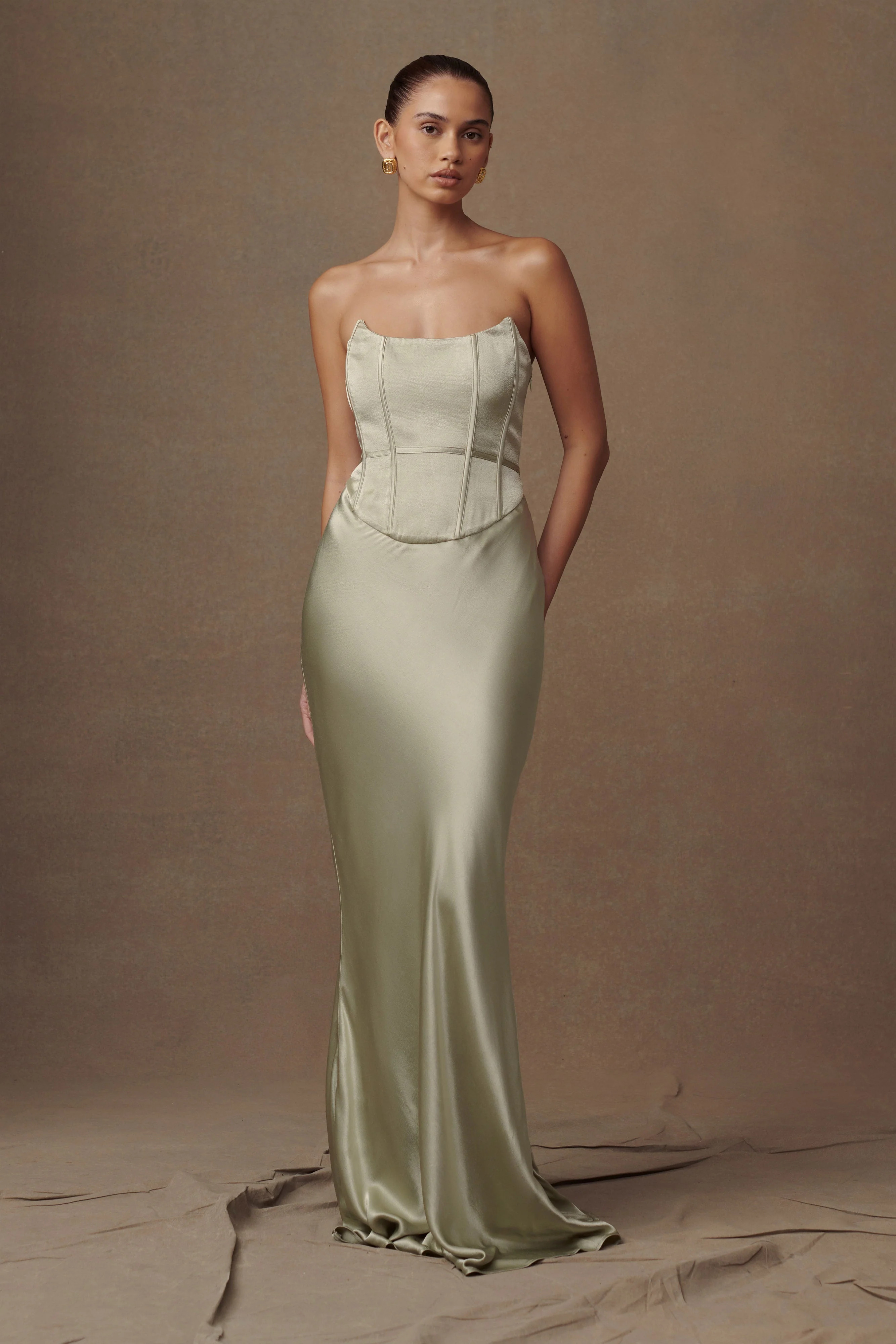 Harlow Satin Strapless Maxi Dress - Sage | MESHKI US