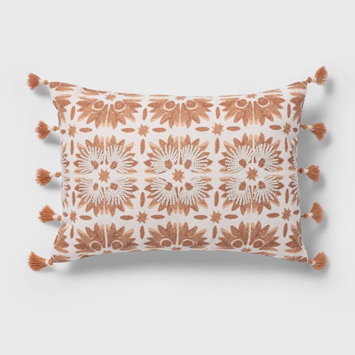 Oblong Block Print Tassel Decorative Throw Pillow Warm Blush - Threshold™ | Target