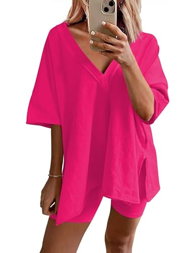 Ekouaer Womens Pajamas 2 Piece Lounge Sets Oversized V Neck T-Shirts Tops Biker Shorts Set Workou... | Amazon (US)