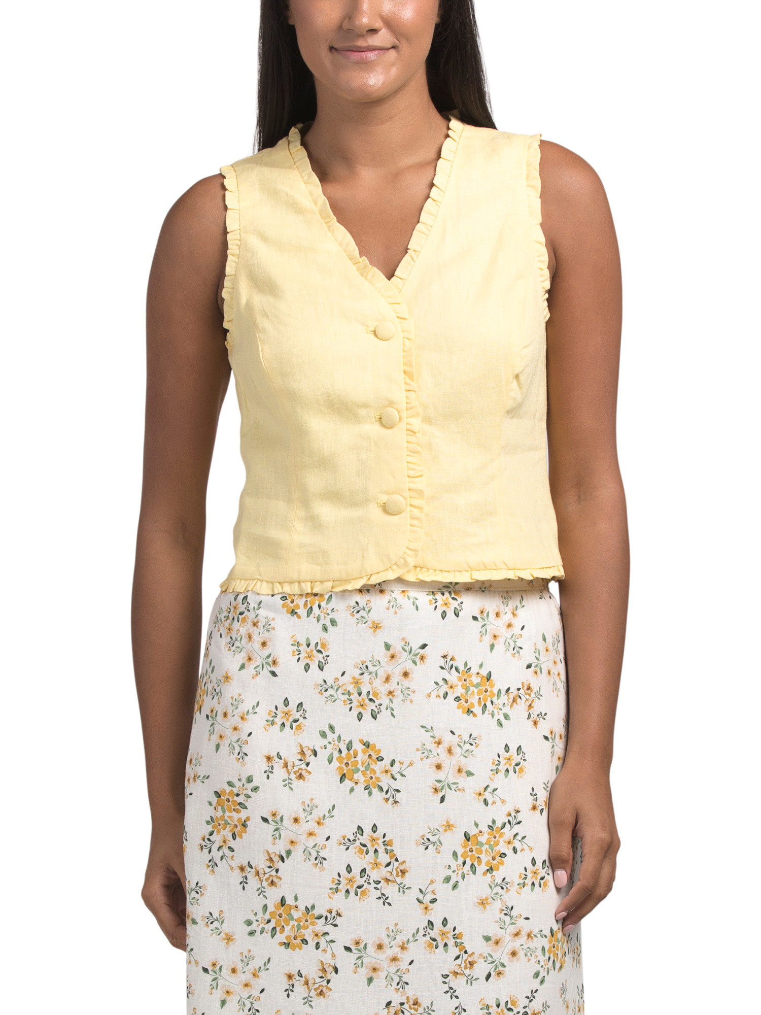 Linen Blend Solid Sleeveless Vest With Ruffle Trim | TJ Maxx