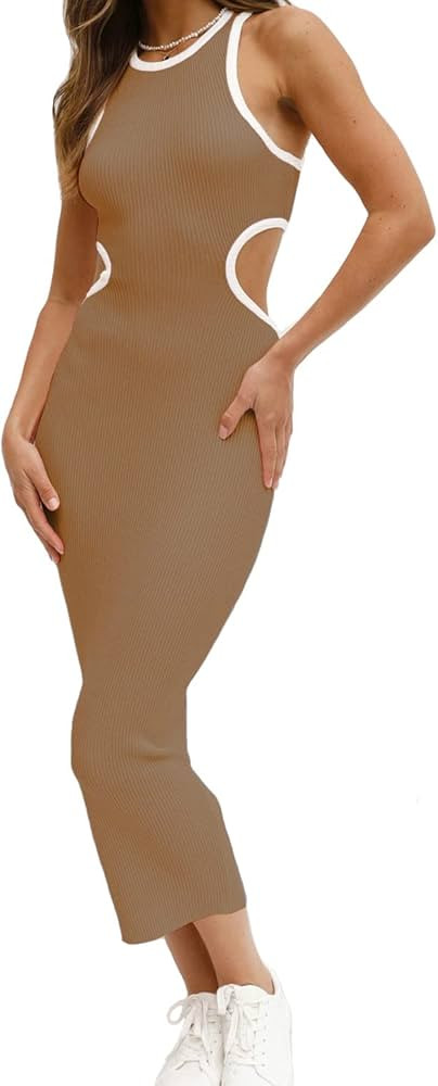 NauLon Womens Sexy Cut Out Waist Open Back Bodycon Dress Ankle Length Ribbed Party Club Midi Dresses | Amazon (US)