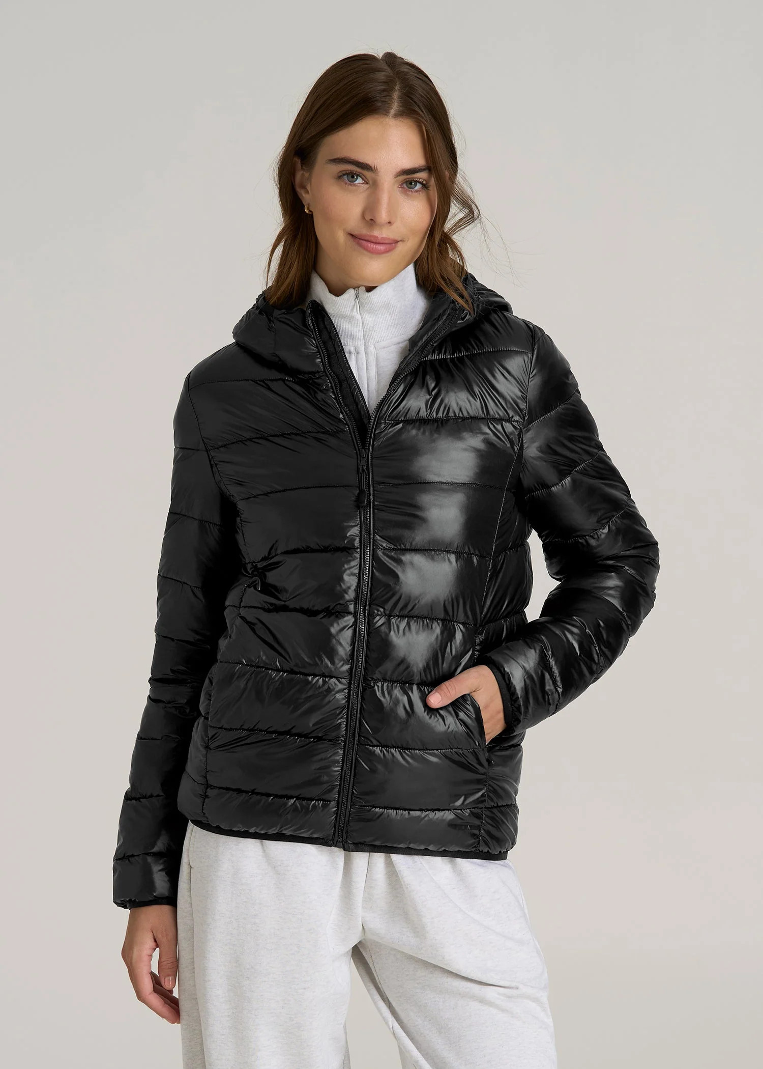 Packable Short Puffer Jacket for Tall Women in Glossy Black | American Tall