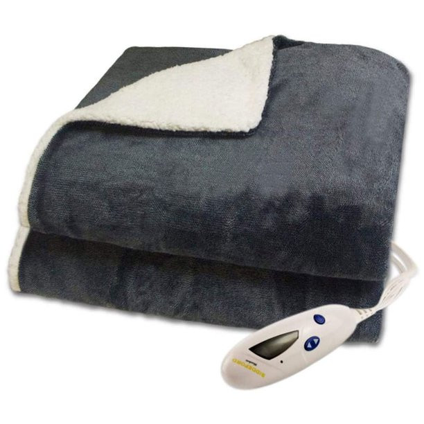 Biddeford Velour Sherpa Electric Heated Throw Blanket in Heather Grey - Walmart.com | Walmart (US)