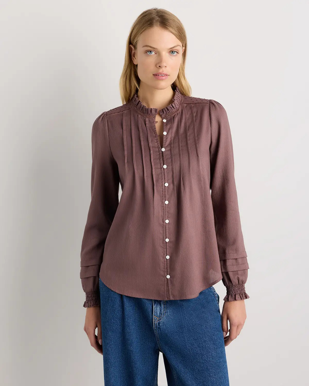 Organic Textured Cotton Peasant Blouse in Taupe Brown | Quince