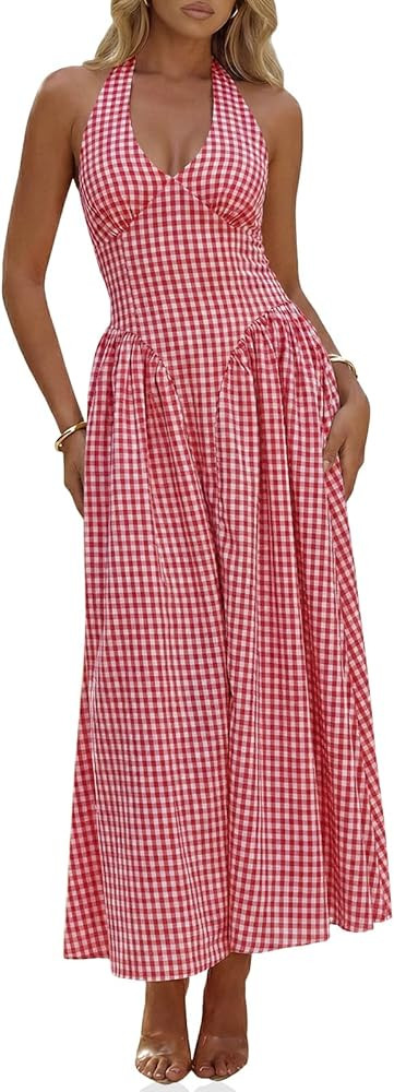 Wenrine Womens Halter V Neck Corset Maxi Dresses Summer Plaid Smocked Tie Back Backless Wedding G... | Amazon (US)