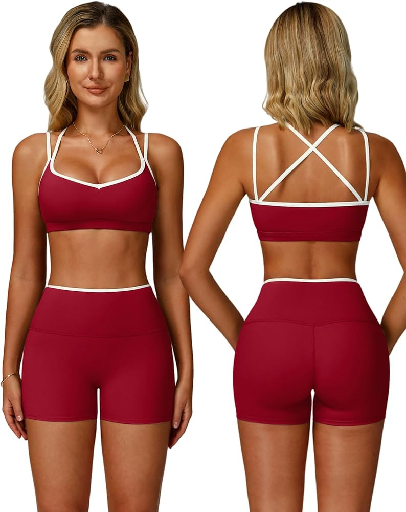 ABOCIW Workout Sets for Women 2 Piece Color Block Strappy Sports Bra High Waist Shorts Gym Yoga P... | Amazon (US)
