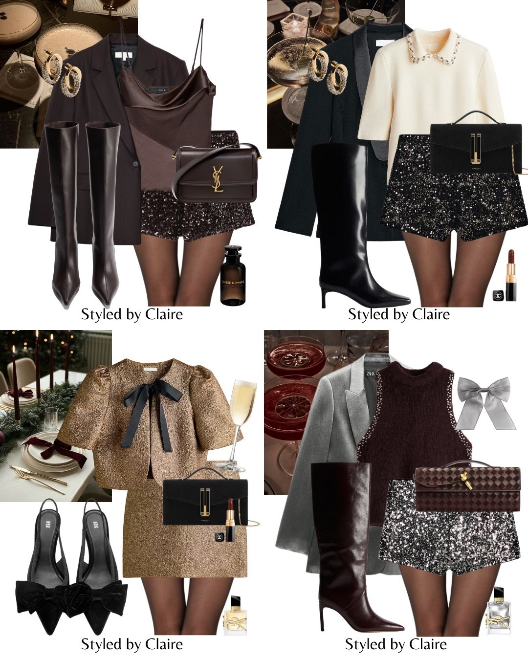 CHRISTMAS PARTY🪩
Use code BF20 at Demellier 
Tags: Zara mini silver gold embellished rhinestone shorts black collar knit top H&M satin blazer structured knee high boots patent suede clutch bag sheer tights fashion partywear festive Christmas night out shimmer shimmering sparkle sparkly statement style party work gold shimmery bow top skirt set velvet heels mohair knit rhinestone 

#LTKpartywear #LTKfestive #LTKstyletip