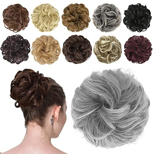 FESHFEN Messy Hair Bun Hair Pieces Elastic Wavy Curly Hair Bun Scrunchies Extensions Synthetic Chignon Hairpieces for Women Girls, Black Mix Gray Tips 1 PCS | Amazon (US)