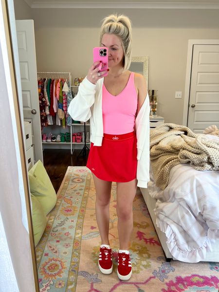 Neon Pink workout top (SM) / pink lululemon align inspired tank / red athletic skirt / red and pink outfit / gazelle platform sneakers / pink Target v neck crop sports bra 