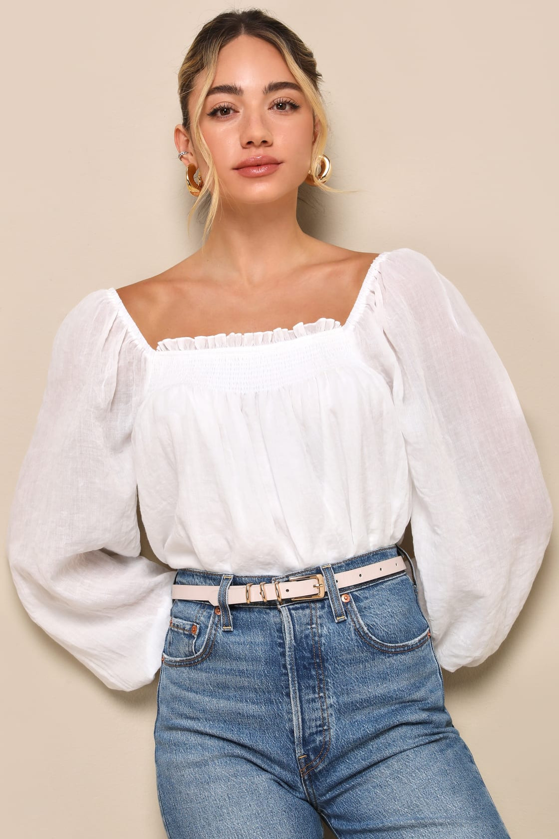Dreamy Approach White Smocked Balloon Sleeve Top | Lulus
