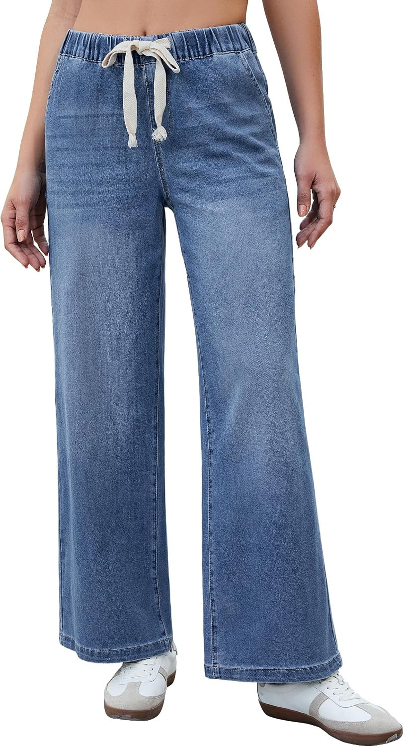 luvamia Wide Leg Jeans Woman High Waisted Trendy Pull On Elastic Waist Drawstring Stretchy Denim Jean Pants with Pockets | Amazon (US)