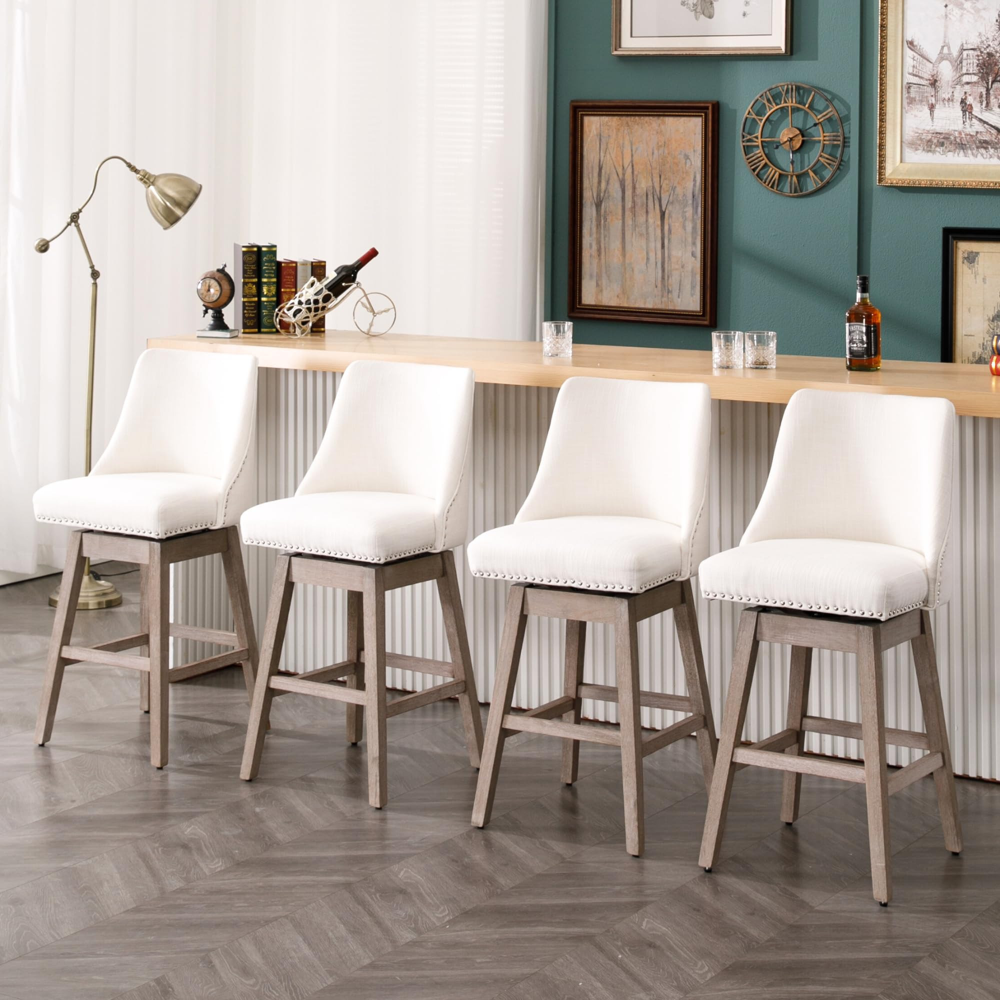 27.5 inch Counter Height Bar Stools Set of 4 Linen Fabric 360°Swivel Barstools with Back and Woo... | Amazon (US)