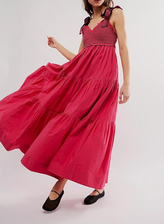 Women Summer Dresses Flowy Smocked Maxi Dress Sleeveless Tie Shoulder Boho Dresses Y2K Floral Bea... | Amazon (US)