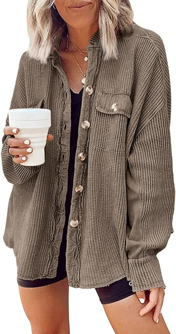 Nirovien Womens Waffle Knit Shirt Jacket Oversized Button Down Shacket Batwing Sleeve Tops with Pock | Amazon (US)