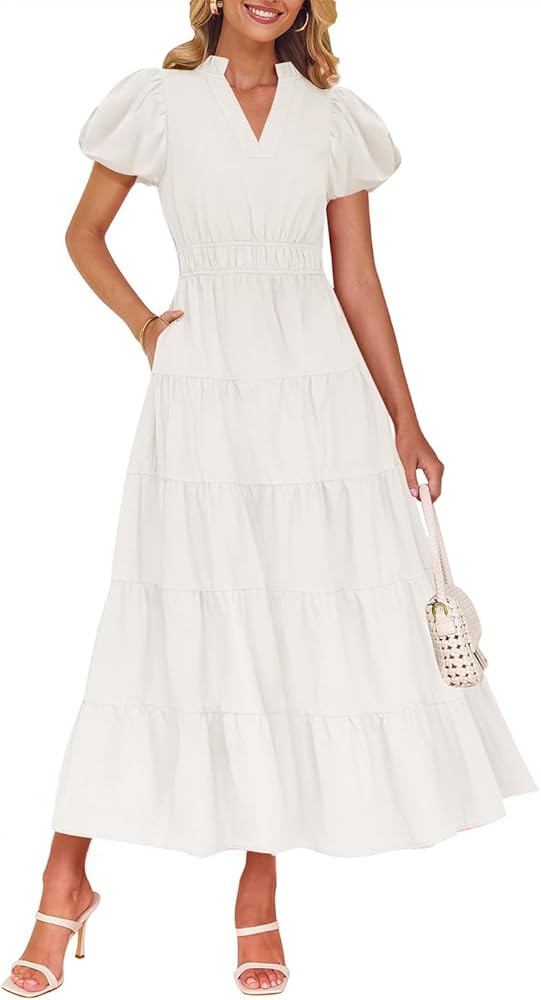 ZESICA Women's Summer Casual Maxi Dress 2025 Puff Short Sleeve V Neck Ruffle Tiered Flowy Boho Be... | Amazon (US)