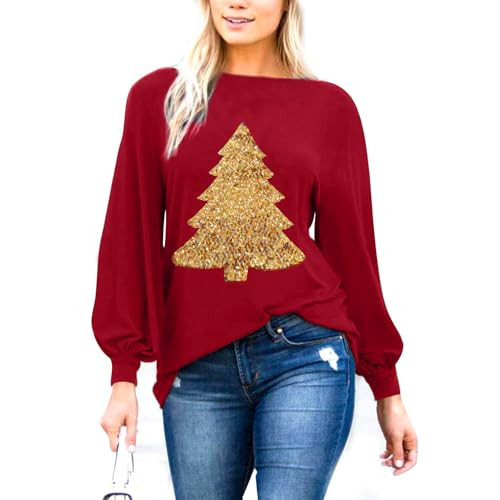 Women Christmas Shirts Merry Christmas T-Shirt Funny Xmas Lights Blouse Tops Holiday T-Shirt, Red+ Gold Christmas Tree, XX-Large | Amazon (US)