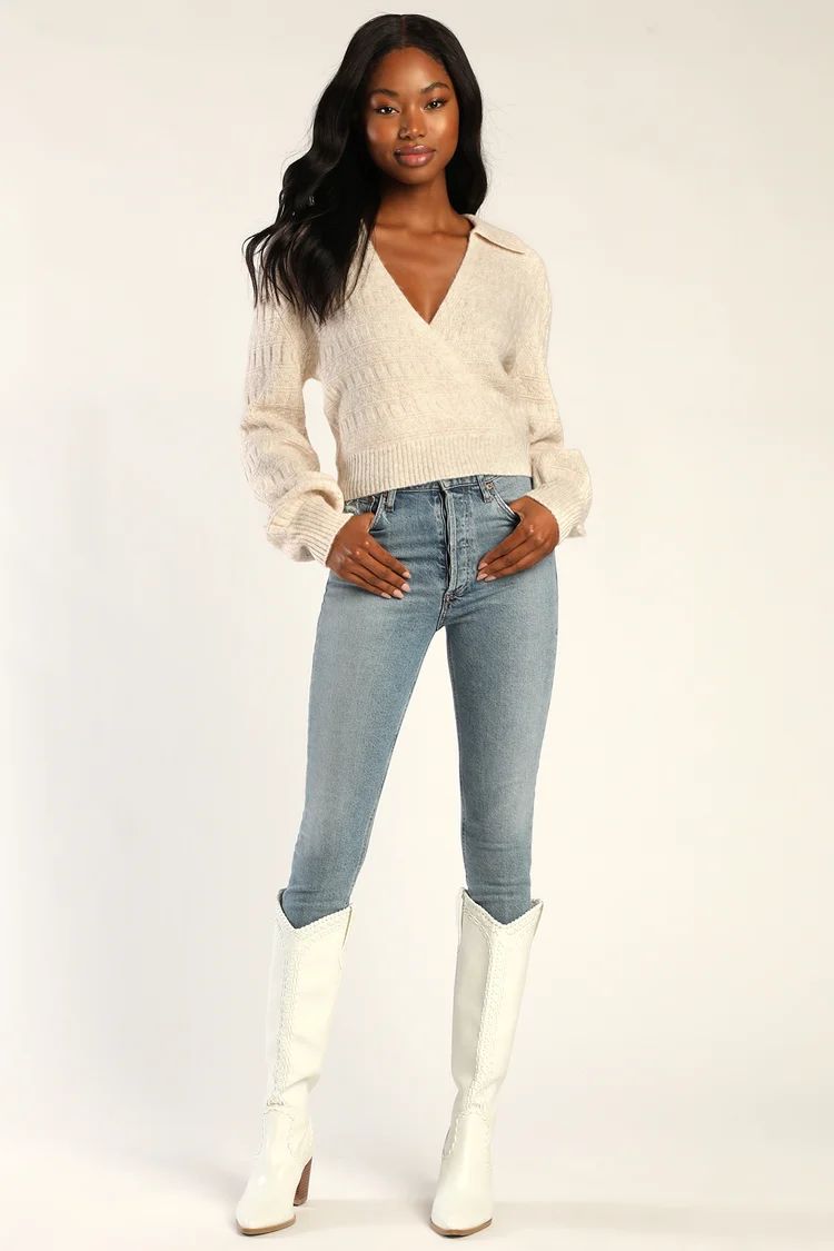 Cute Energy Heather Beige Collared Surplice Sweater Top | Lulus (US)