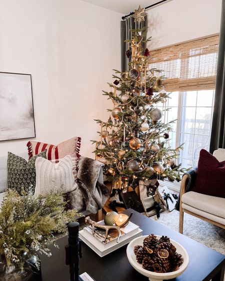 Christmas tree, pillow, accent chairs, coffee books, bowls, candle, curtain, wall art, throw blanket, bamboo shade 

#LTKstyletip #LTKhome #LTKHoliday
