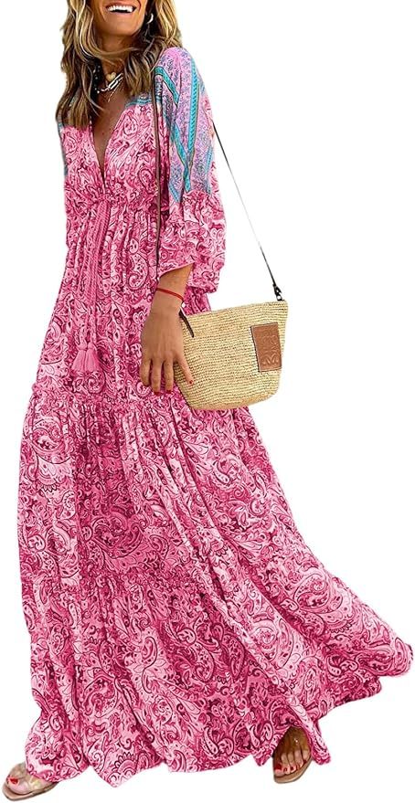 Acelitt Women Casual 3/4 Sleeve V Neck Floral Boho Maxi Dress, S-XL | Amazon (US)