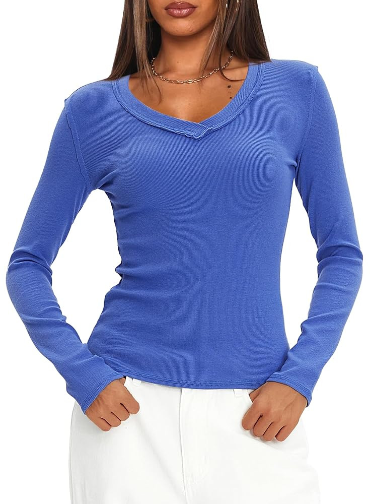 Darong Long Sleeve Tshirts for Women Fall Fashion V Neck Basics Crop Tops Slim Fitted Y2K Tops Ri... | Amazon (US)