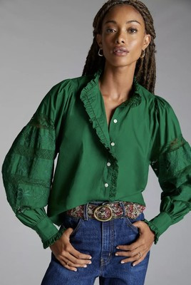 Puff-Sleeved Lace Buttondown by Love The Label for Anthropologie NWT Size Small  | eBay | eBay AU