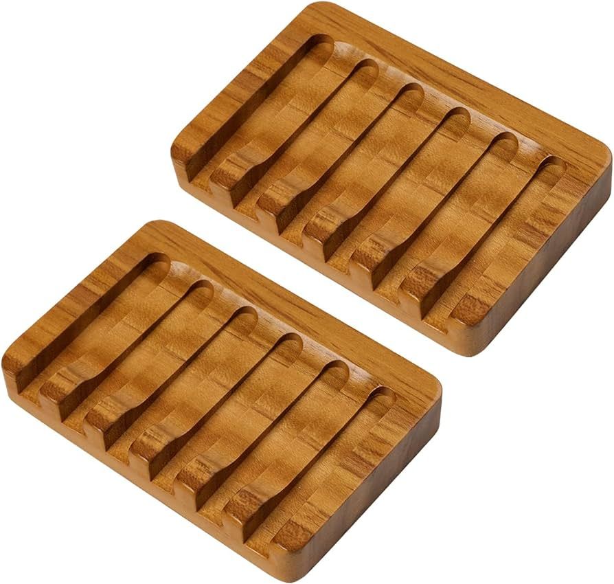 Teak Wooden Soap Holder - 2 Pack, Self Draining Tray, Waterfall Drain, Soap Saver for Bathroom Sh... | Amazon (US)