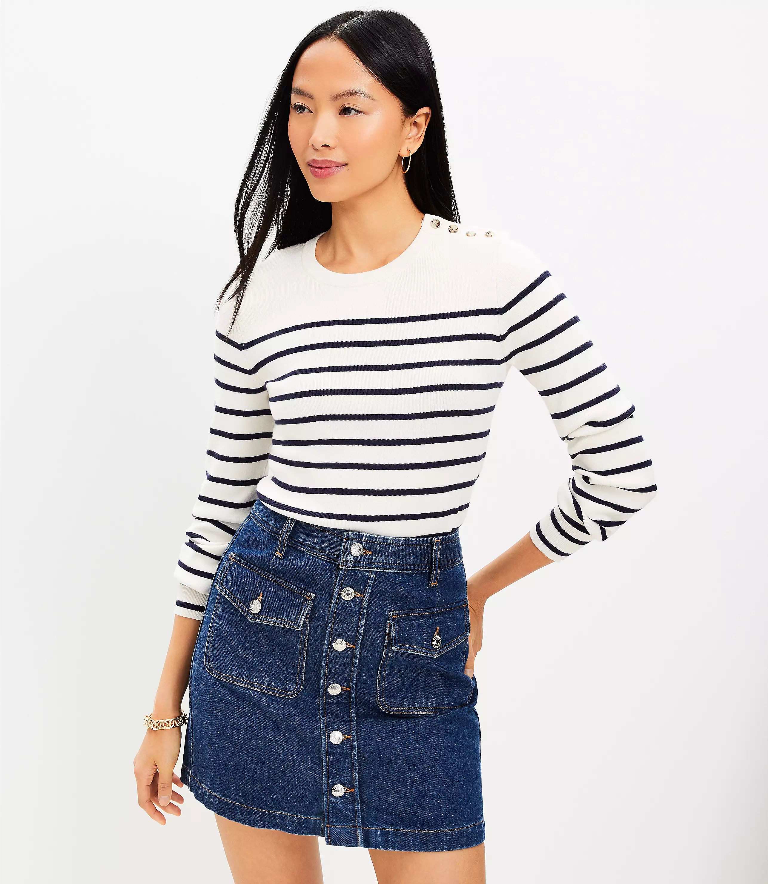 Petite Stripe Draped Sleeve Sweater | LOFT