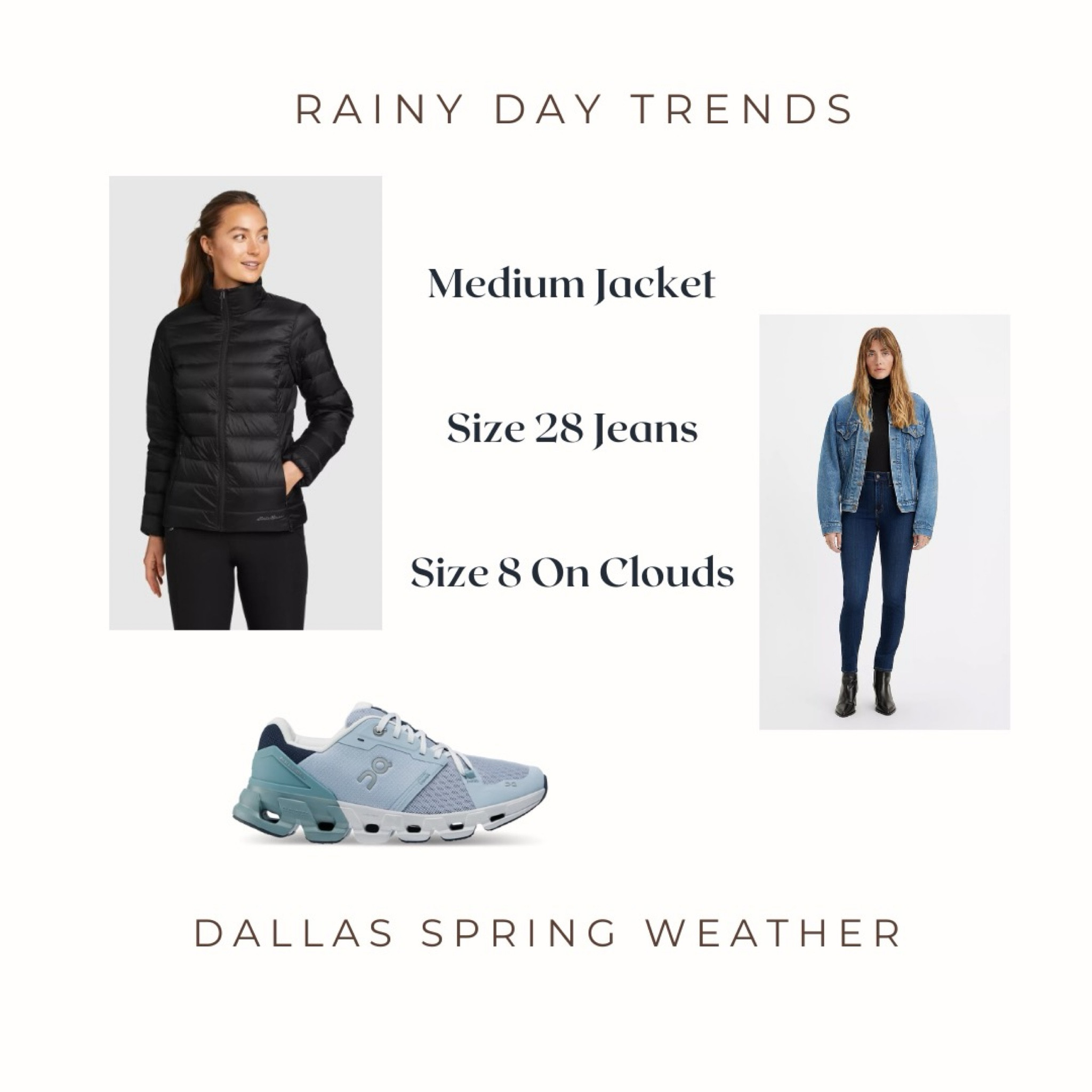 Rainy Day Trends 

Here are staple pieces in my spring wardrobe. My Levi’s and Eddie Bauer jacket are great for stormy days with higher wind gusts. My On Clouds get a 10/10. I have a narrow foot and shoes that fit are harder to find. These On Clouds have been a game changer for me. 

#LTKstyletip #LTKshoecrush #LTKSeasonal