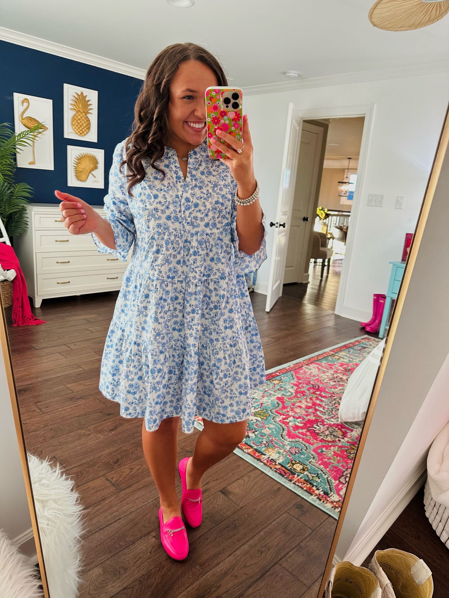 Another day, Another Belk dress! 🤩 I am loving this blue floral printed dress. It’s the perfect spring / summer dress! Linking outfit details below! My shoes are from Coach at Dillards last year. 

Spring dress. Summer dress. Pink loafers. Pink mules. Pink shoes. Blue floral dress. Belk. Crown & Ivy dresses. Wedding guest dress. Outfit ideas. 

#LTKstyletip #LTKshoecrush #LTKworkwear