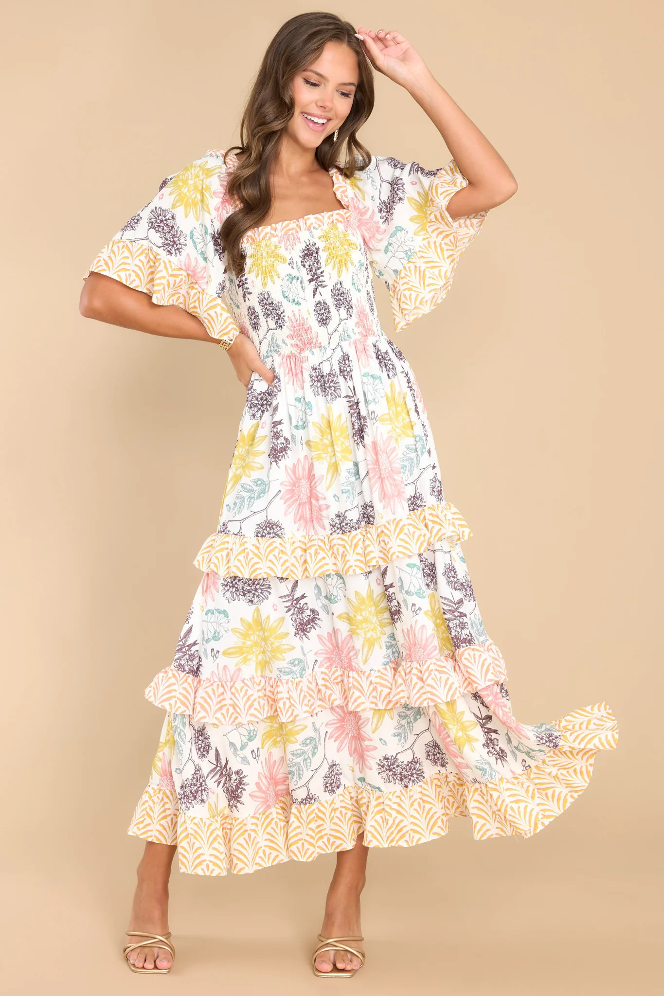 Stay Awhile Ivory Floral Print Maxi Dress | Red Dress 