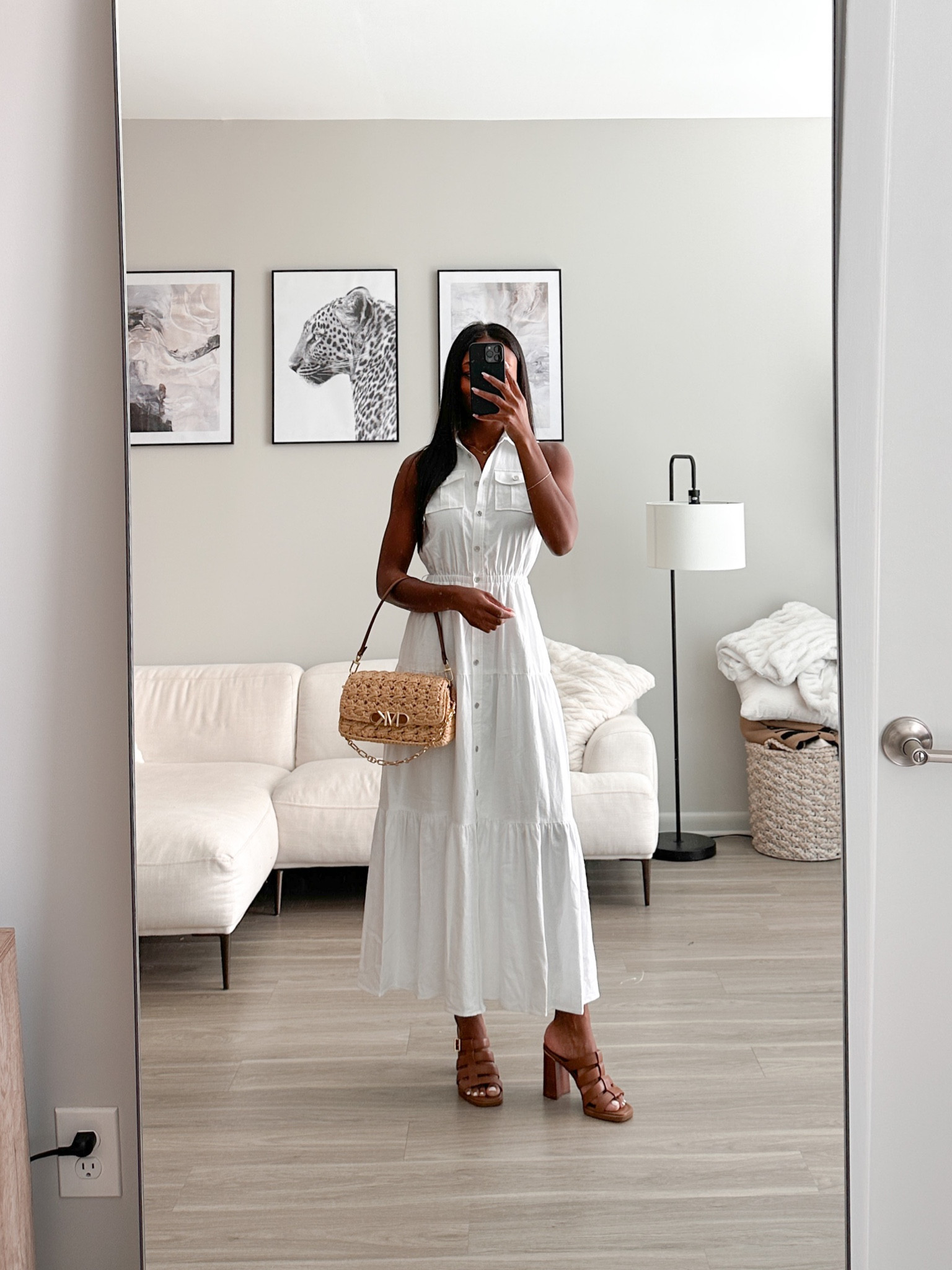 Lightweight linen dress from Michael Kors for summer! Styled with a straw bag and brown block heels! 

#LTKshoecrush #LTKitbag #LTKSeasonal