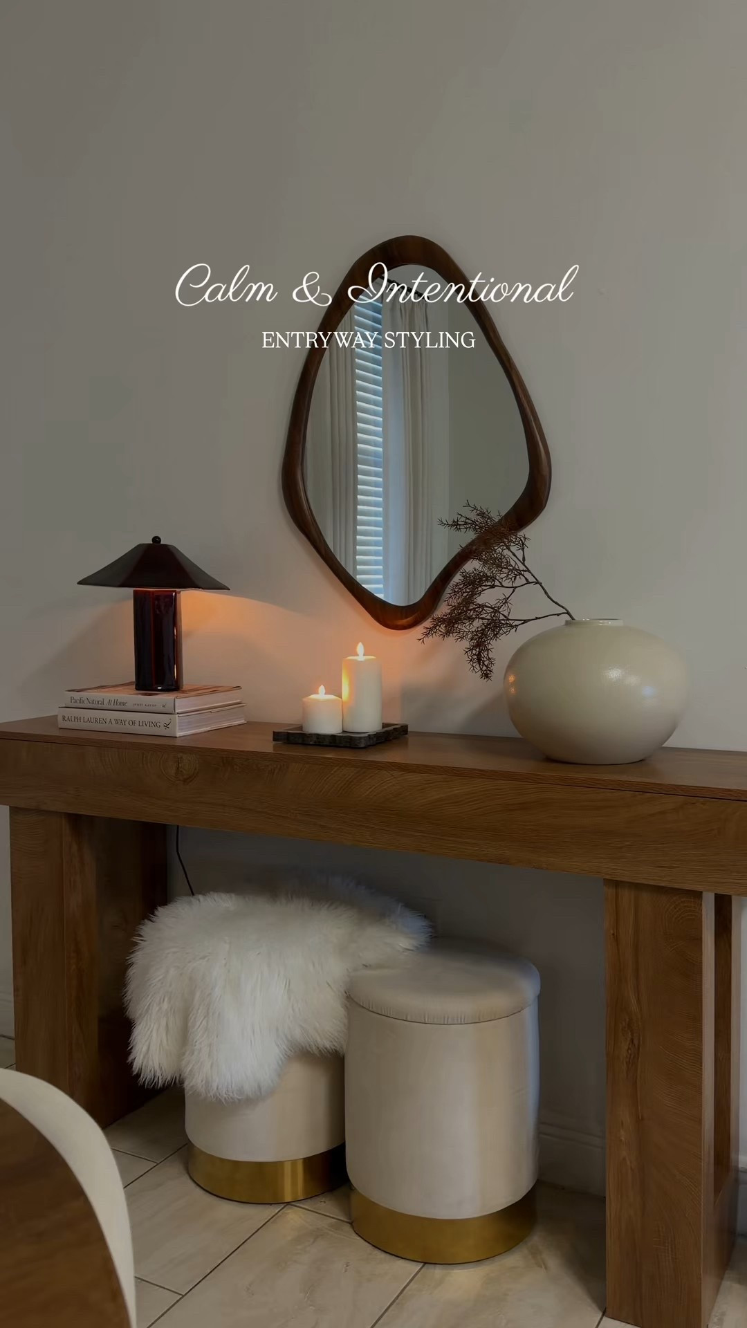 Calm & intentional.
A small mirror to pause + reflect, a warm wood table with sleek lines, two tucked-away ottomans for hidden storage, books beneath the lamp to ground the light, a single stem for an organic feel, candles for softness 
and a gentle glow to welcome you home. 


Most items are from @wayfair 

#WayfairElevate, #WayfairCreator, #ad, #Wayfair #IntentionalLiving
•	ModernOrganic
•	CalmHome
•	EntrywayInspo
•	quietluxury

#LTKdayinmylife #LTKSeasonal #LTKHome