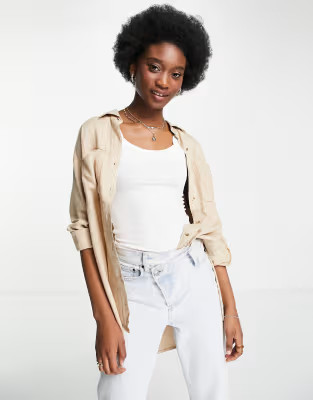 Hollister step hem shacket in tan ground check | ASOS (Global)