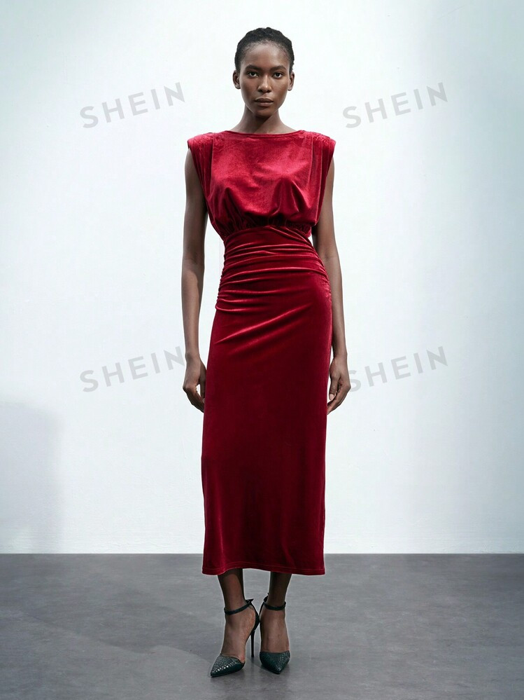 SHEIN Maija New Elegant Urban Chic Long Velvet Christmas Party Holiday Dress For Women, Sleeveles... | SHEIN