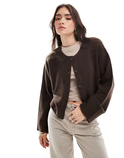 ASOS DESIGN crew neck cardigan in chocolate | ASOS (Global)