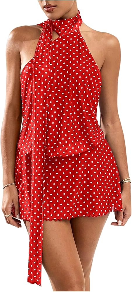 SOLY HUX Women's Polka Dots Mini Dress Backless Sleeveless Halter A Line Party Summer Dresses | Amazon (US)
