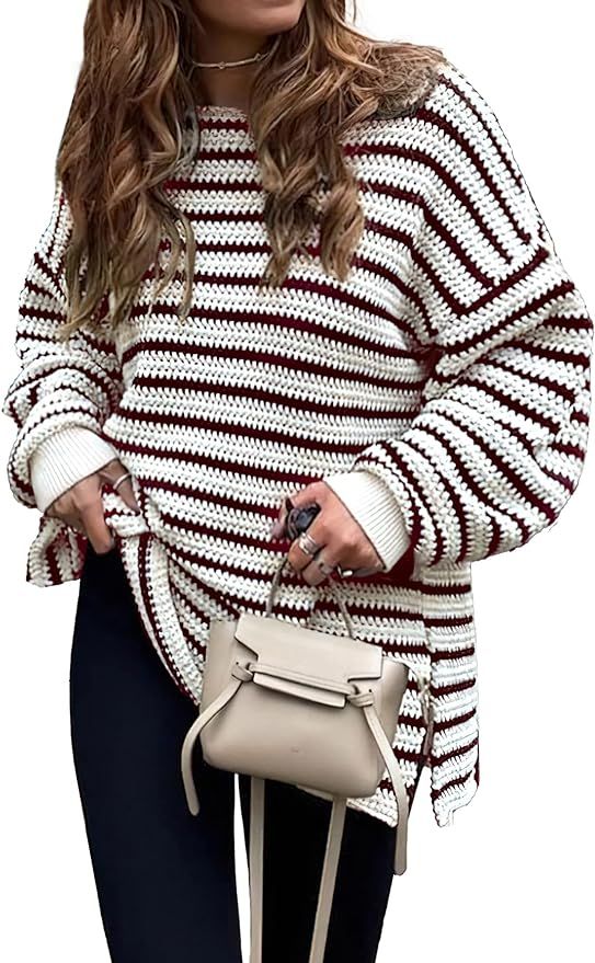 Amazon.com: KIRUNDO 2022 Fall Winter Women's Oversized Long Sleeve Striped Sweater Casual Crewnec... | Amazon (US)