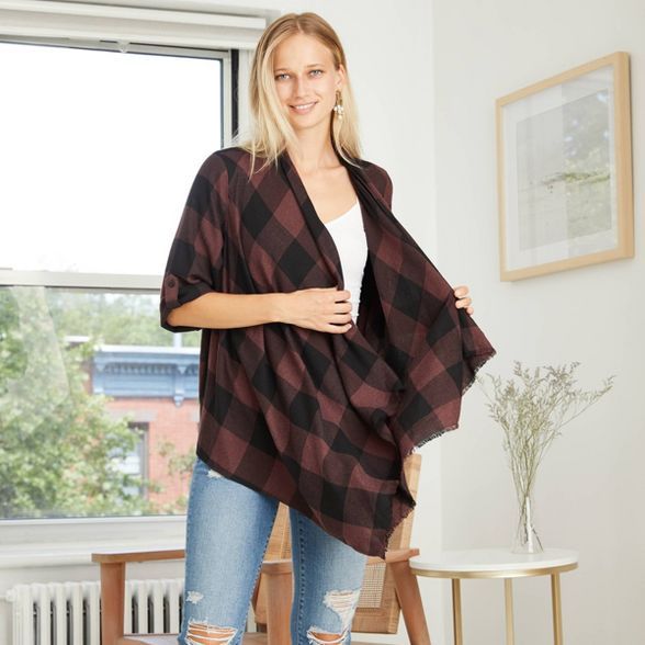 Women's Plaid 3/4 Sleeve Open Layering Kimono Jacket - Knox Rose™ Brown | Target