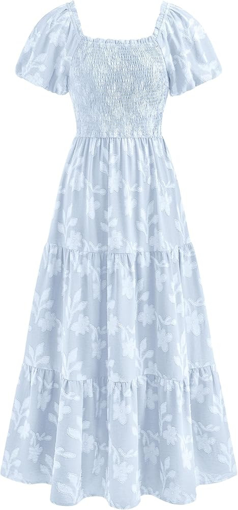 PRETTYGARDEN Women's 2026 Summer Boho Maxi Dresses Floral Short Sleeve Square Neck Smocked Flowy ... | Amazon (US)