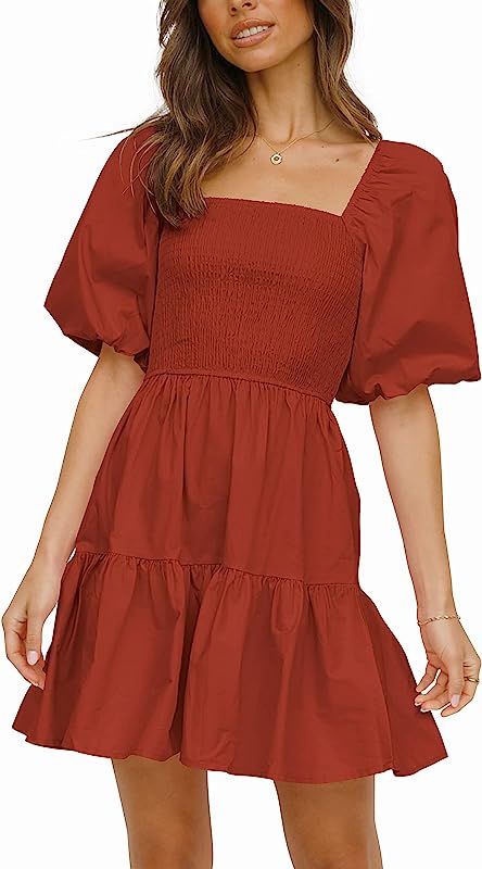 Atizon Women’s Fall Short Dress Smocked Square Neck Puff Sleeve Dress Vintage Off Shoulder A Line Mi | Amazon (US)