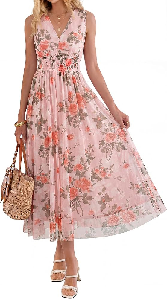 BerryGo Womens Floral Wedding Guest Dress Boho Summer Flowy A Line Casual Sleeveless V Neck Empir... | Amazon (US)