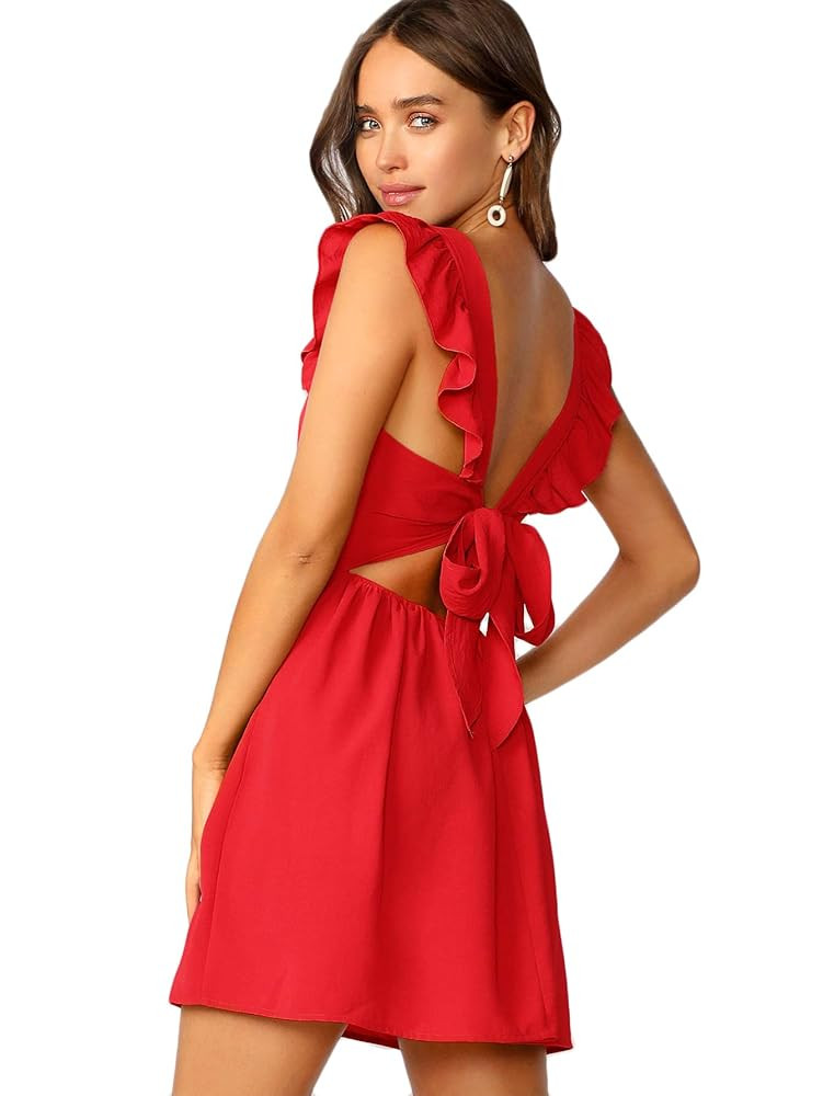 OYOANGLE Women's Tie Back Square Neck Ruffle Strap Sleeveless A Line Flare Flowy Lightweight Summ... | Amazon (US)