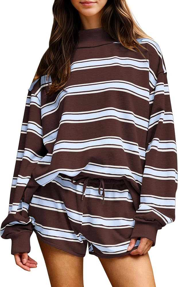 Women Striped 2 Piece Set Oversized Sweatshirt Shorts Outfits | Amazon (US)