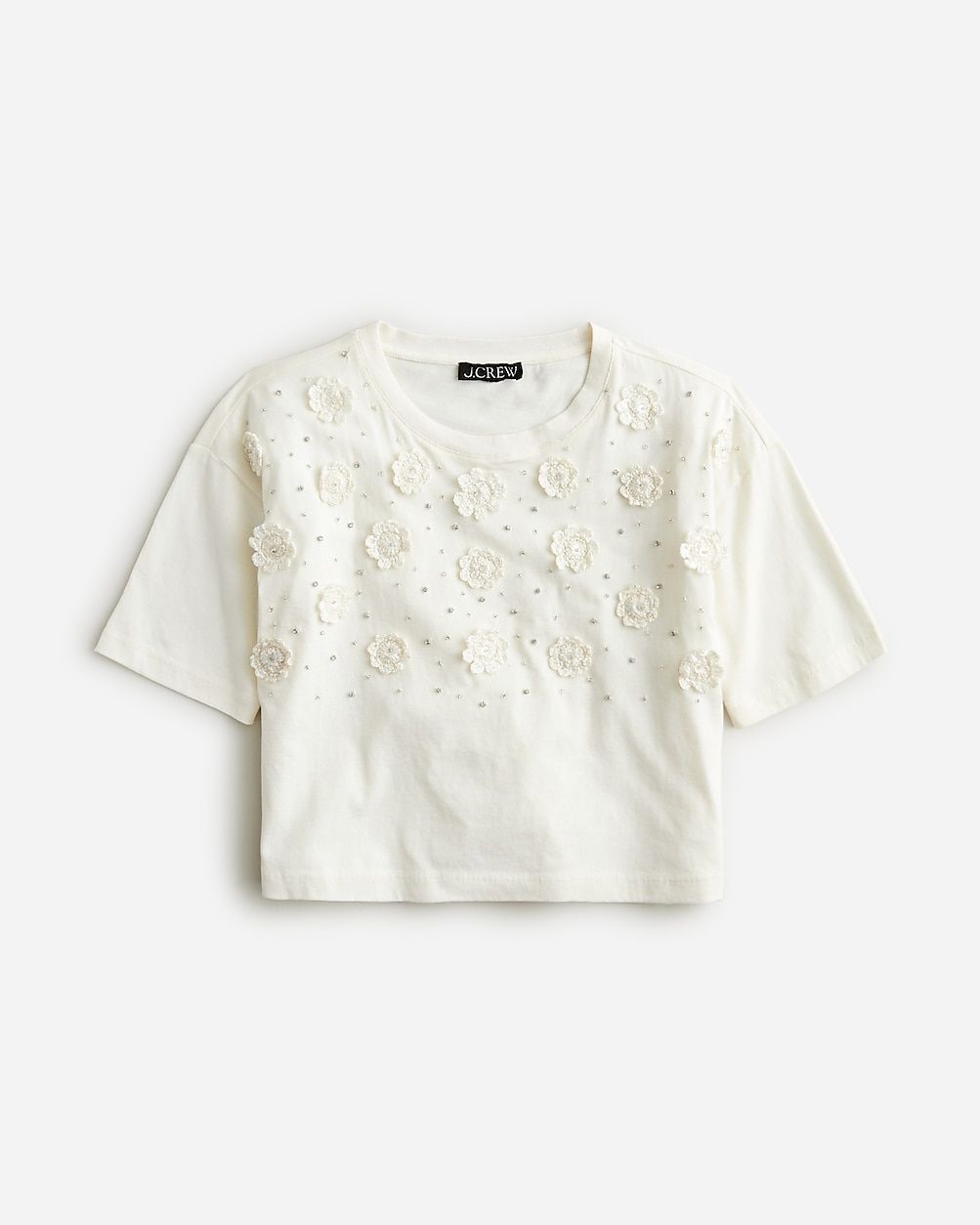 Cropped T-shirt with crochet floral appliqués | J.Crew US