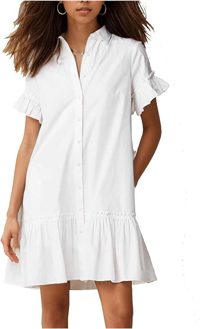Women's Ruffle Mini Shirt Dress Short Sleeve Button Down Cotton Drop Waist Dress Shirt Dress | Amazon (US)