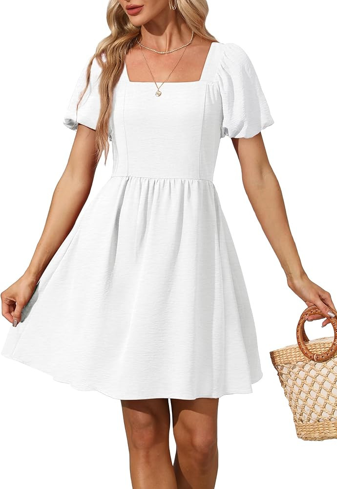 OFEEFAN Women Puff Sleeve Square Neck Tie in Back Dresses with Zipper | Amazon (US)