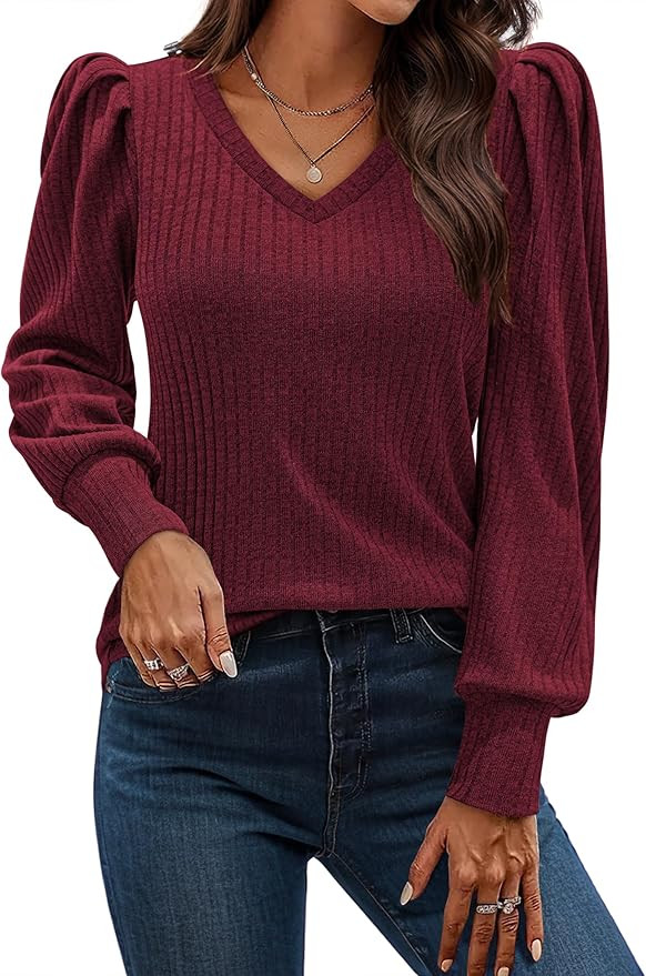 HOTOUCH Women's Knit Shirt Soft Puff Long Sleeve Blouse Tops Lightweight V Neck Tunic XS-XXL | Amazon (US)