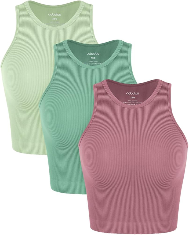 ODODOS 3-Pack Seamless Crop Tank for Women Ribbed Soft High Neck Cropped Tops | Amazon (US)