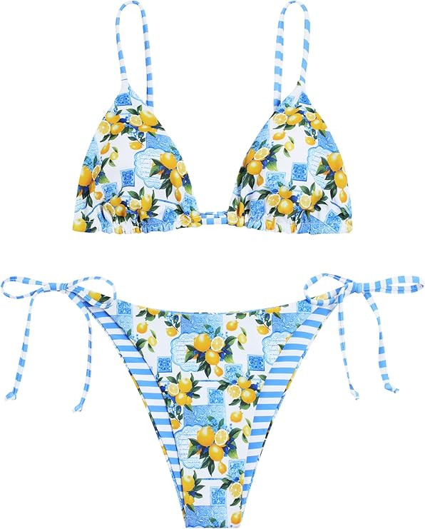 Women's Triangle Bikini Floral String Bikini Set Two Piece Swimsuit Bathing Suits | Amazon (US)